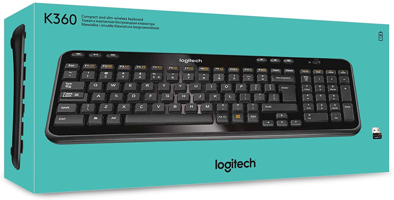 Packaging box of Logitech K360 Bluetooth Wireless Keyboard displaying the keyboard and its brand name.